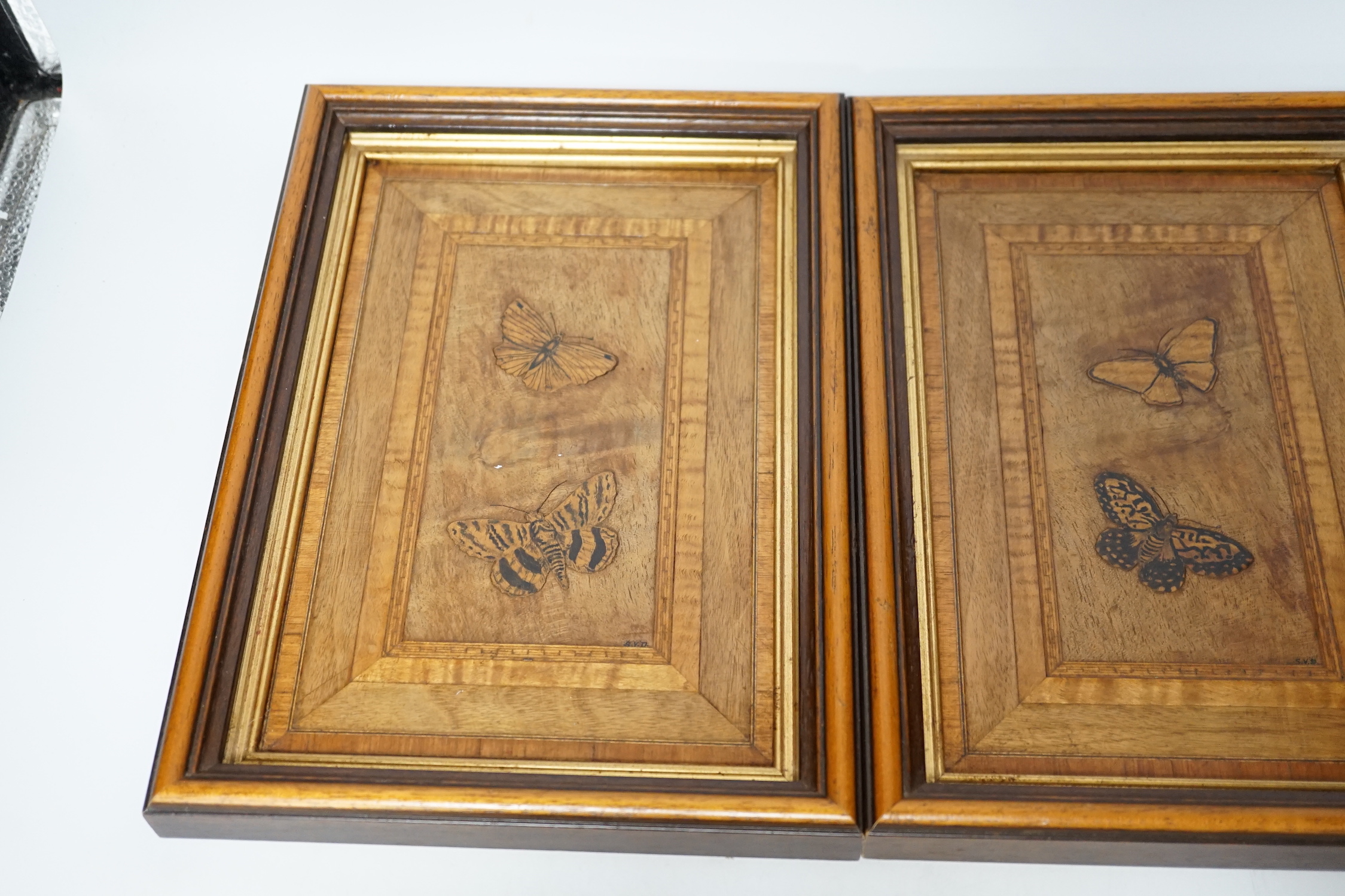 A pair of framed marquetry butterfly panels, initialled SVD., 22.5cm wide, 32cm high